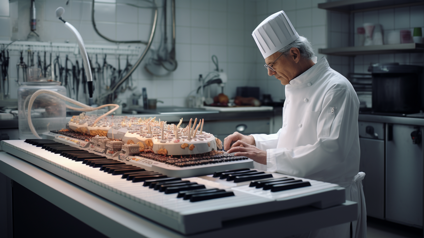 a chef preparing a cake shaped like a synthesizer