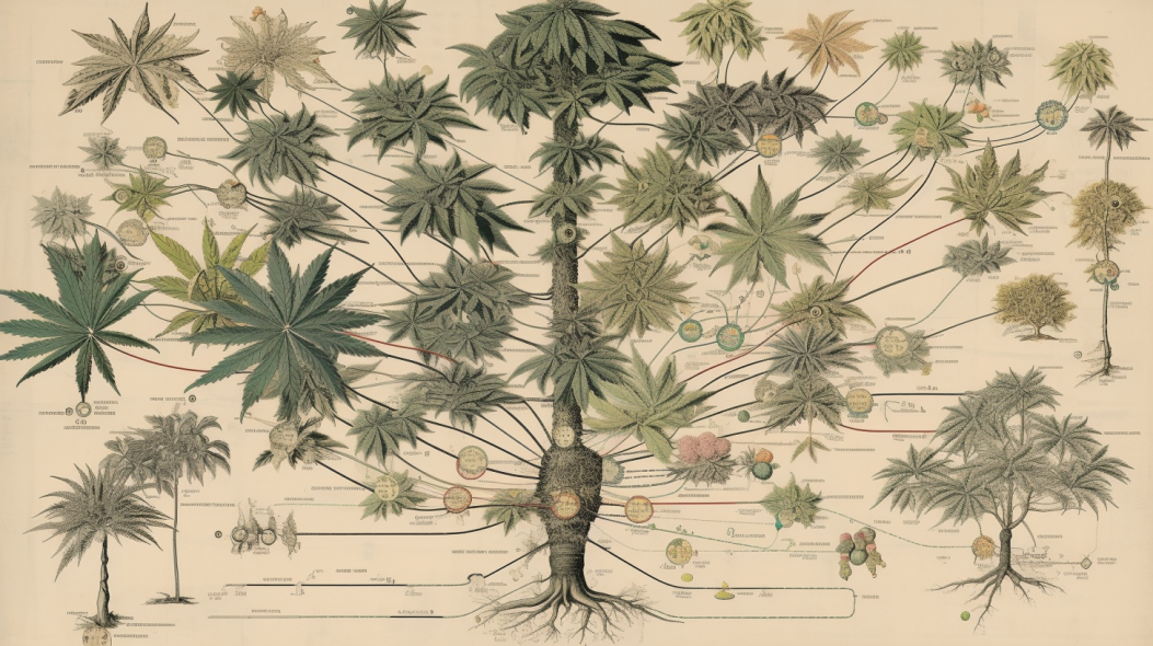 illustration of weed and marijuana cannabis family tree
