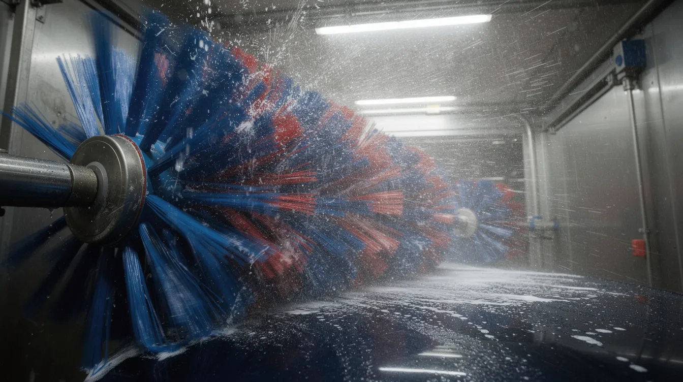 The image shows a close-up view of car wash tunnel equipment, featuring spinning brushes and water jets in action, highlighting the advanced technology used in the car wash industry. This equipment is essential for car wash businesses, providing efficient cleaning solutions for customers.