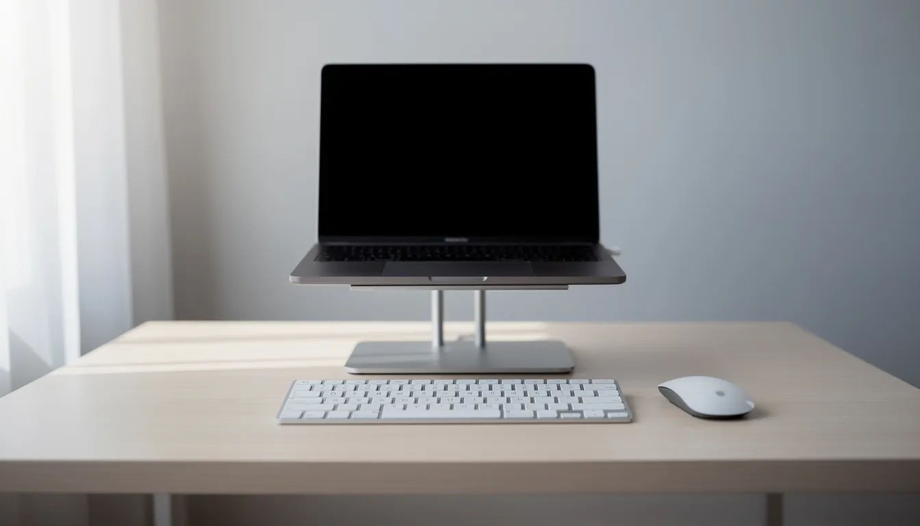 The image shows a clean desk setup featuring a laptop on a stand, accompanied by an external keyboard and mouse, emphasizing an ergonomic workspace. This arrangement promotes good posture and comfort, reducing the risk of back pain and musculoskeletal disorders during prolonged sitting.