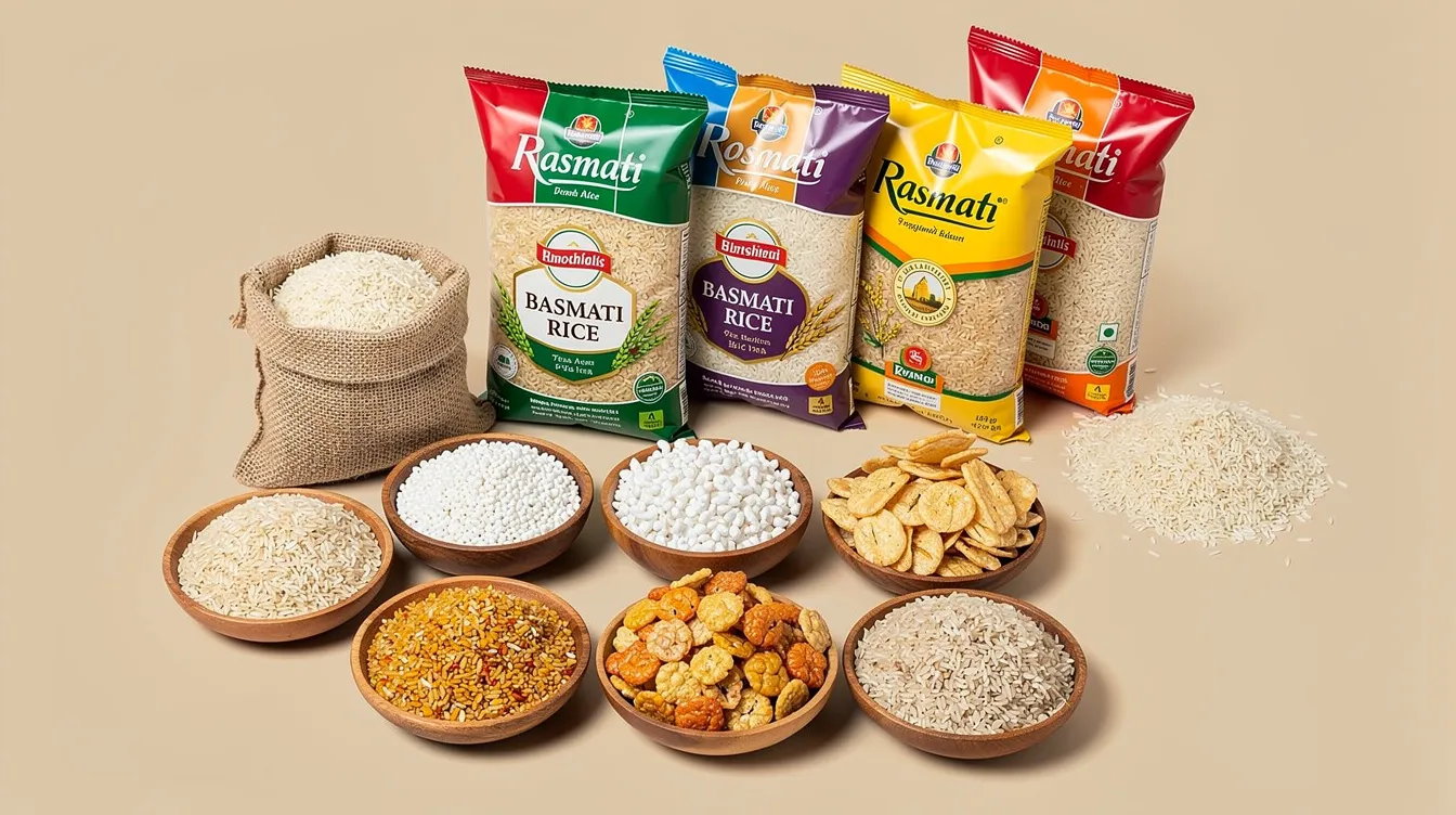 76285637 f408 43c4 9e01 f0d0935f7524 The image showcases an assortment of rice products, including flattened rice, puffed rice, rice snacks, and packaged basmati rice, highlighting the diversity of processed foods within the rice sector. This display emphasizes the variety of rice-based products available for consumers, reflecting the expansive market analysis and trends in the rice processing industry.