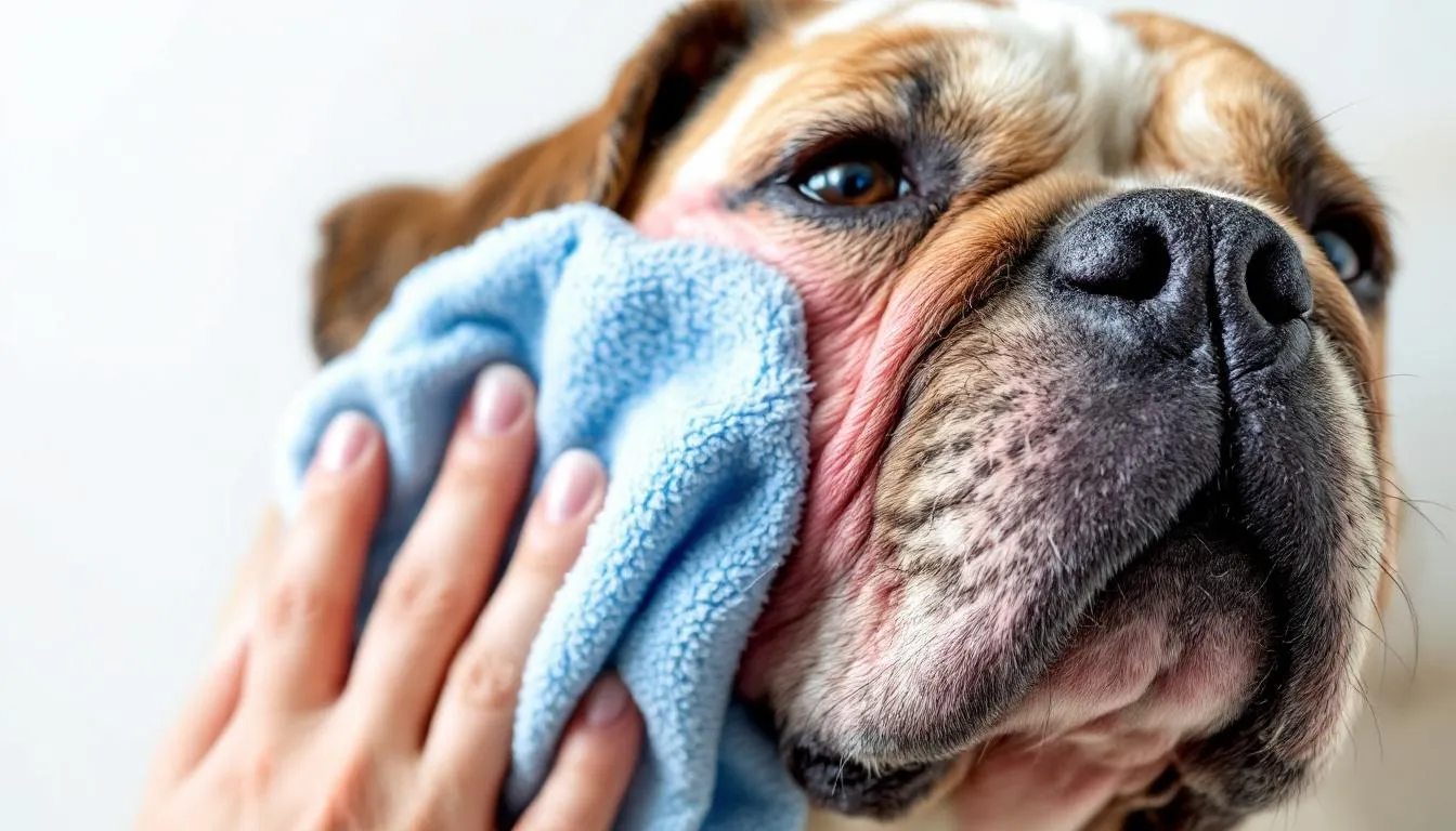 A close-up image demonstrates the proper technique for cleaning the skin folds of a wrinkly dog, showcasing a basset hound with deep wrinkles and loose skin. The focus is on the gentle use of a damp cloth to prevent dirt buildup and maintain the dog
