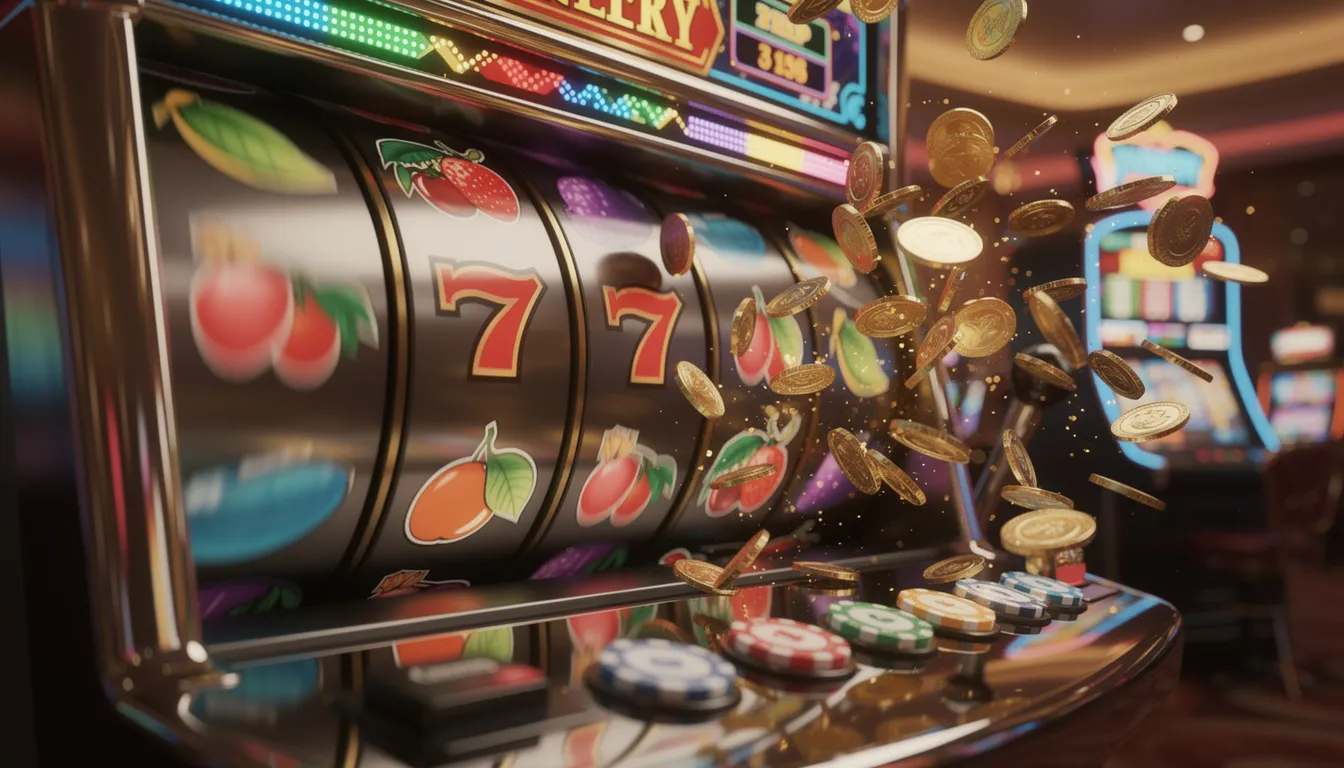 En färgglad spelautomat snurrar med hjul som är fyllda med mynt och casinoklipp, vilket skapar en livlig atmosfär som påminner om spänningen hos slotv casino. Här kan spelare njuta av free spins och casinospel dygnet runt, med möjligheten att vinna riktiga pengar.