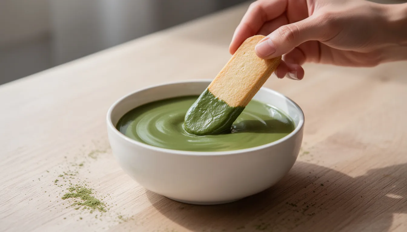 In der Abbildung tauchen Hände einen Löffelbiskuit in eine Schüssel mit leuchtend grüner Matcha-Flüssigkeit, die für ein köstliches Matcha Tiramisu verwendet wird. Die Szene vermittelt den Prozess der Zubereitung eines italienischen Klassikers, der mit Matcha-Pulver verfeinert wird.