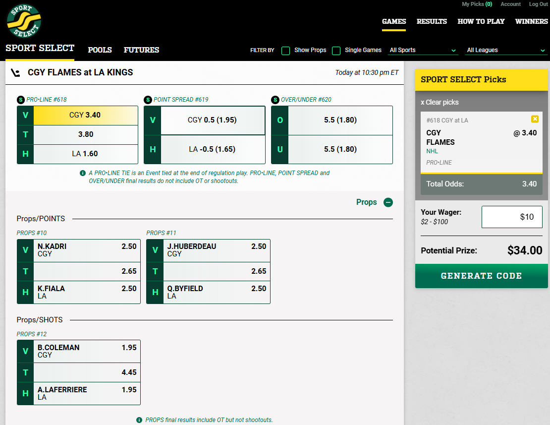 A screenshot view of the Calgary Flames vs Los Angeles Kings NHL odds from Sports Select Alberta.