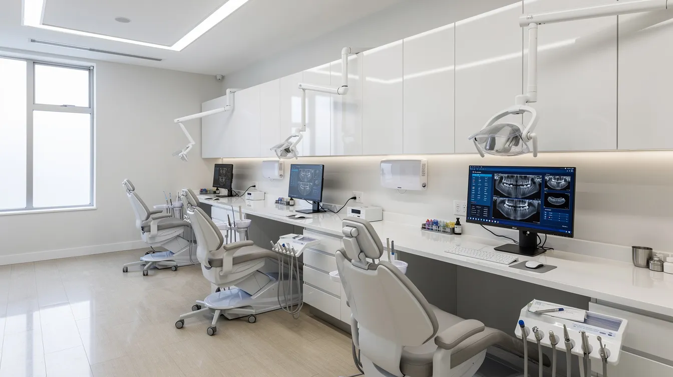 The image depicts a modern dental office featuring multiple computer workstations, highlighting the efficient dental billing process and practice management systems utilized by dental professionals. This setup enhances patient communication and satisfaction while streamlining the management of dental services and insurance claims.