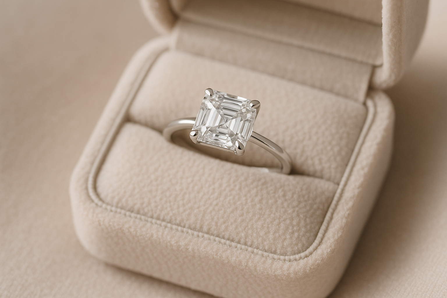 Platininis sužadėtuvių žiedas su Asscher pjūvio deimantu atviroje smėlio spalvos aksominėje žiedų dėžutėje, su minkšta natūralia šviesa pabrėžiančia akmens briaunas ir spindesį