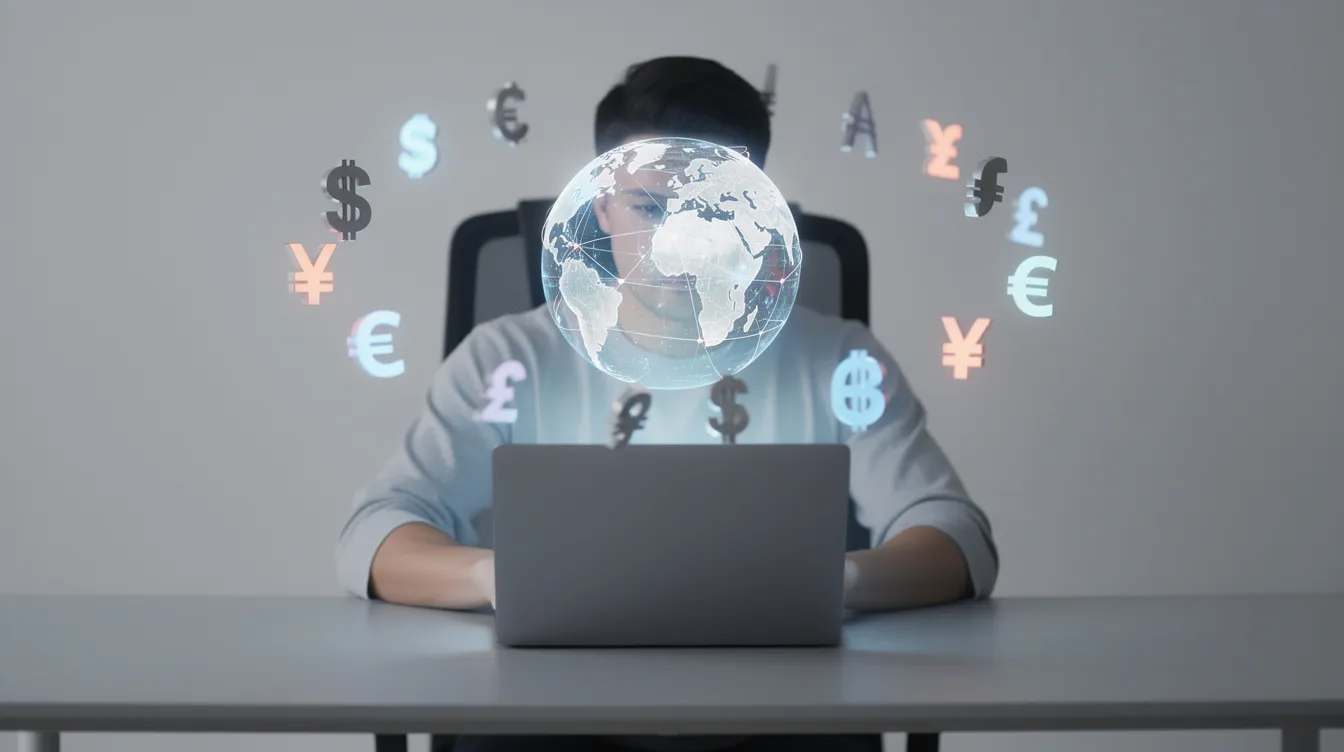 A person is seated at a desk, focused on a laptop, with a globe and floating currency symbols around the screen, symbolizing international money transfer and global banking services. The scene reflects the interconnectedness of financial transactions, highlighting concepts like investment services and current accounts.