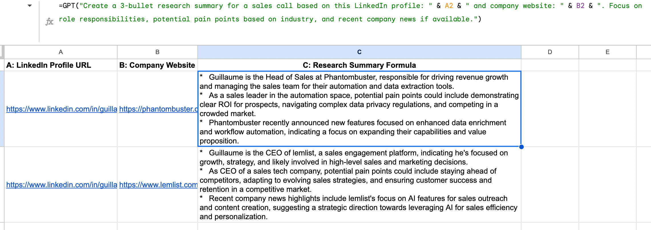 Research summary generated in Google Sheets