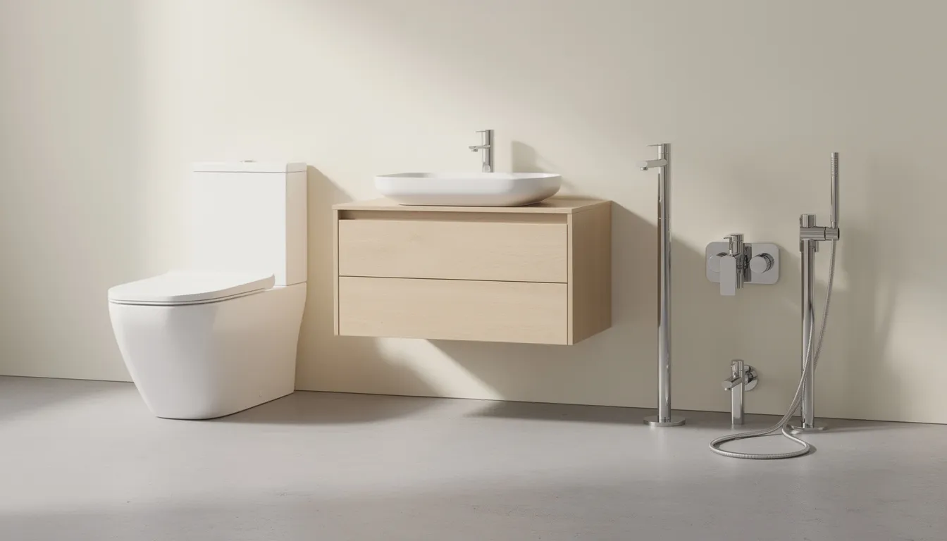 The image displays a collection of various bathroom fixtures, including a modern toilet, stylish vanity, and sleek tapware, all arranged together. This assortment showcases potential options for a bathroom renovation project, highlighting premium materials and contemporary designs that can enhance a family bathroom's functionality and aesthetics.