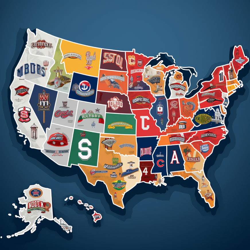 A map of the United States with MLB teams marked on it