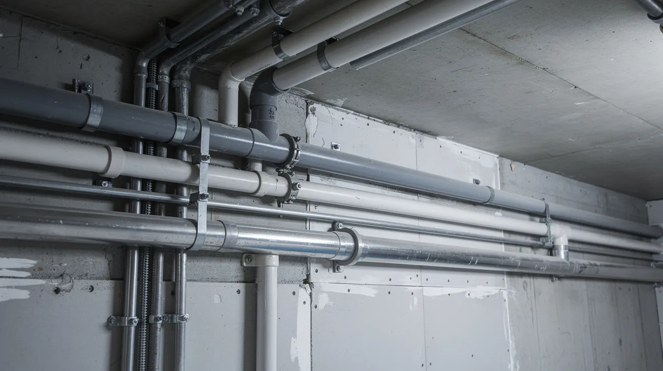 The image depicts a close-up view of piping within a building, showcasing various water system components. Proper maintenance of these pipes is essential to prevent legionella growth and ensure safe water temperatures in potable water systems.