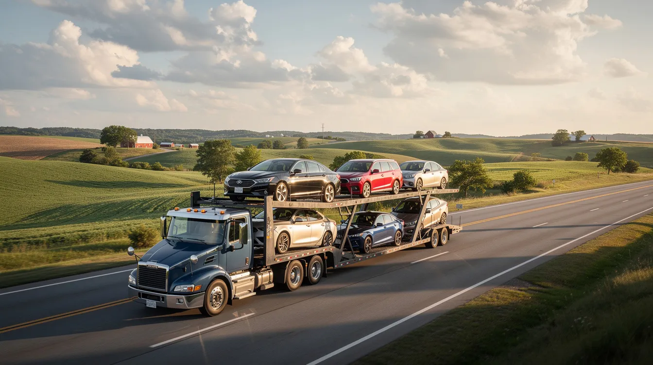 A car carrier truck is driving along a highway, transporting vehicles through the scenic rolling farmland of Missouri. This image highlights the essence of Missouri auto transport, showcasing a reliable car shipping service in action against a backdrop of lush green fields.