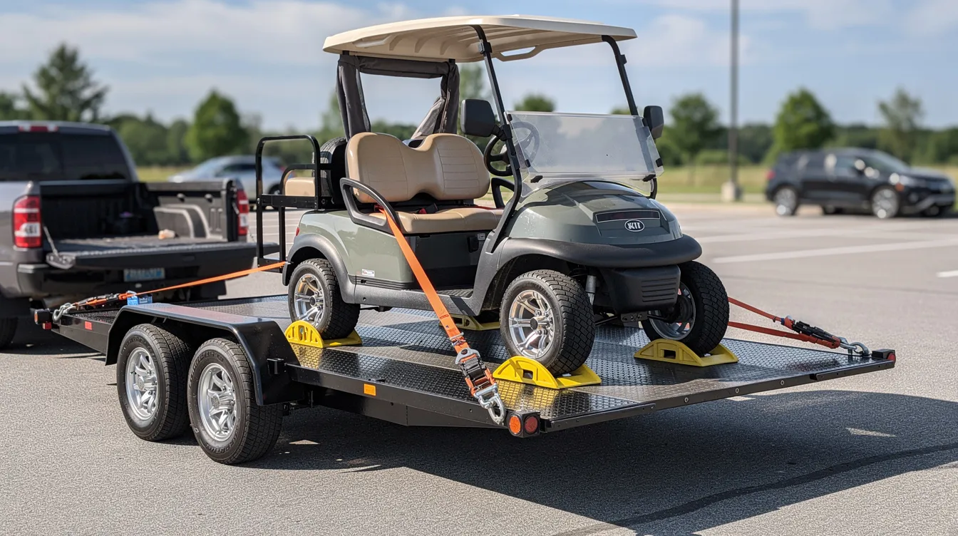 A golf cart is securely fastened on a flatbed trailer using straps and wheel chocks, ensuring safe transport during shipping. This setup is ideal for golf cart shipping services, providing stability and protection for the vehicle during transit.