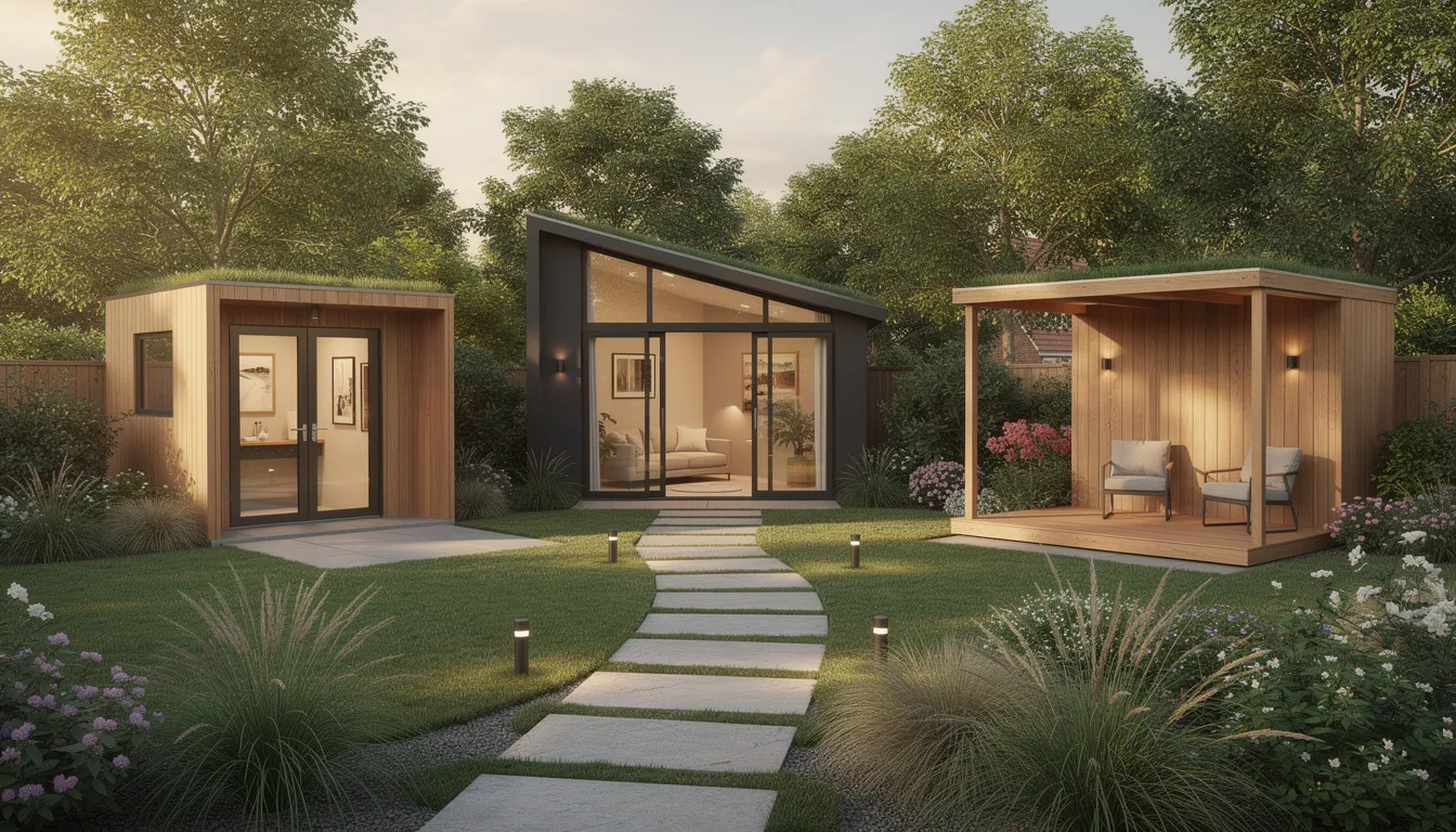 The image showcases a variety of bespoke garden buildings, including premium garden sheds and log cabins, all featuring high-quality timber construction. Each structure is designed with unique styles, such as apex and pent roofs, and includes secure doors and windows, making them ideal for outdoor spaces and personal hobbies.