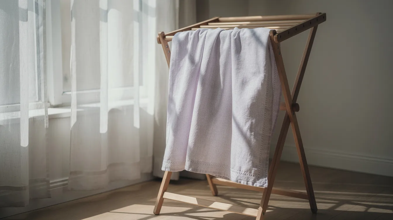 A delicate silk pillowcase is gently drying on a shaded indoor rack near a window, showcasing its smooth surface and luxurious texture. This satin pillowcase is designed to promote healthier hair and skin by minimizing friction and preventing frizz while you sleep.
