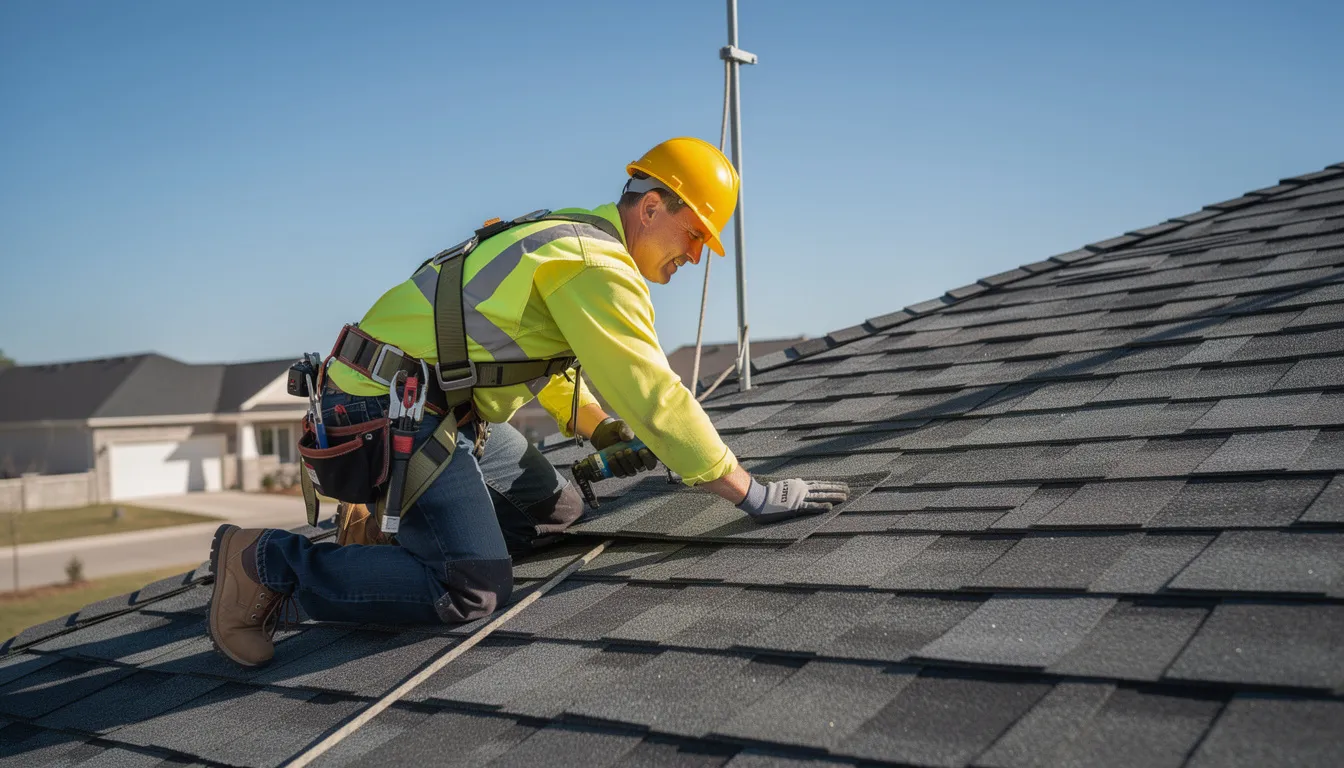 A professional roofer, equipped with a safety harness and helmet, is seen diligently working on a residential roof, focusing on roof repairs. The image highlights the importance of quality workmanship and safety in roofing services, essential for maintaining the structural integrity of homes in South Auckland.