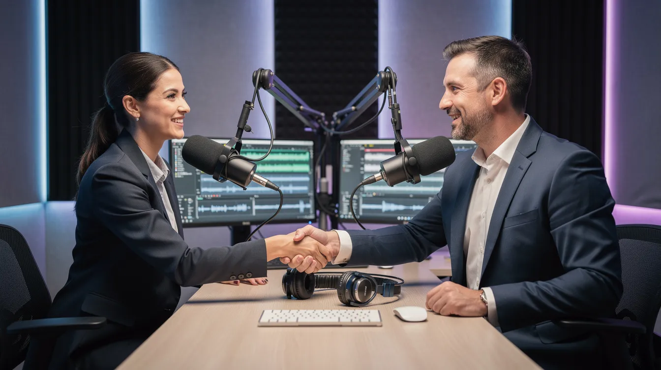 In a modern podcast studio, two professionals are shaking hands, symbolizing collaboration in podcast production. The background features microphones and monitors, highlighting the environment where audio content is created for platforms like Apple Podcasts. In a modern podcast studio, two professionals are shaking hands, symbolizing collaboration in podcast production. The background features microphones and monitors, highlighting the environment where audio content is created for platforms like Apple Podcasts.