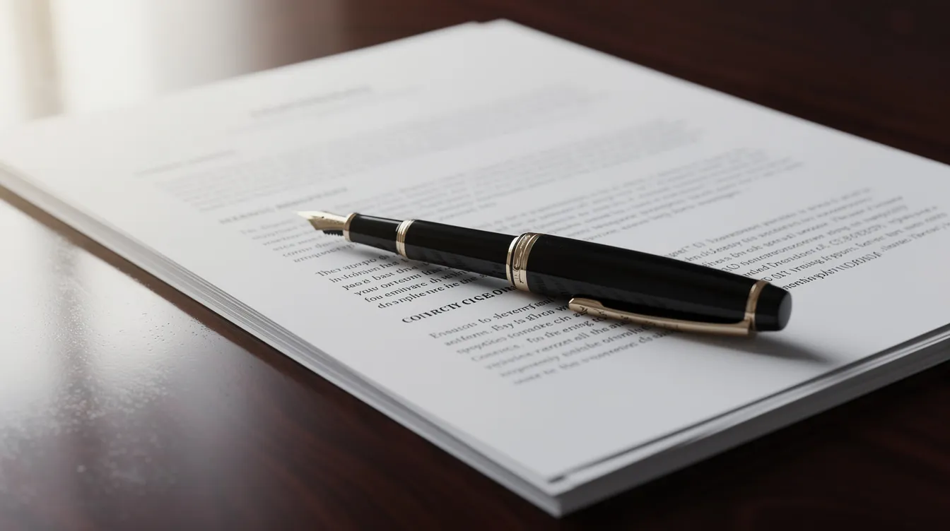 The image features a collection of legal documents and a pen neatly arranged on a polished wooden table, symbolizing the trademark registration process and the importance of legal protection for intellectual property. This setup suggests a professional environment where trademark attorneys may assist clients with trademark applications and related legal matters.