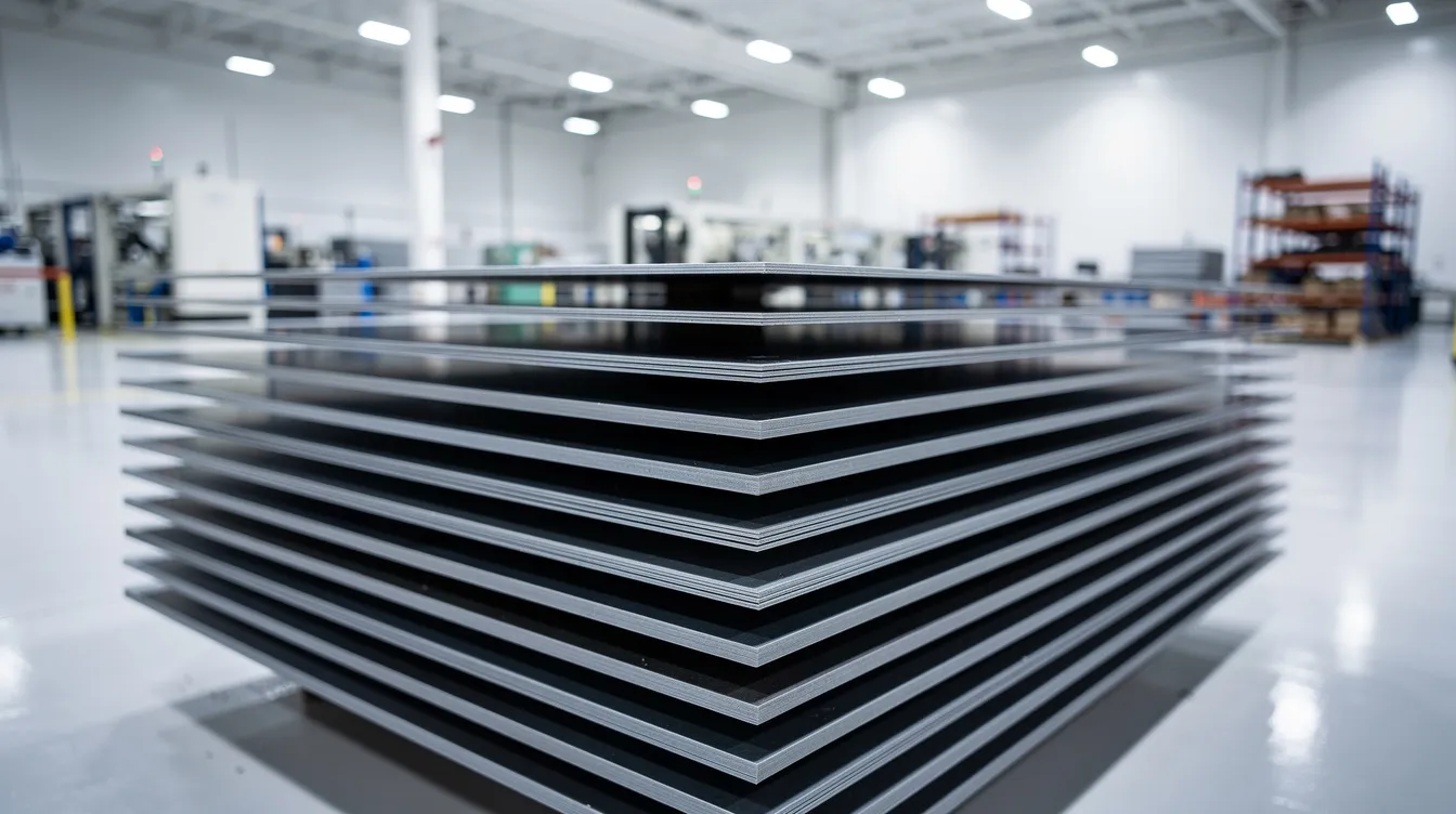 The image depicts a stack of shiny, smooth steel sheets with a slight reflective surface, arranged neatly in a clean industrial environment. These sheets, likely made of cold rolled or hot rolled steel, showcase a high-quality surface finish ideal for precision applications.