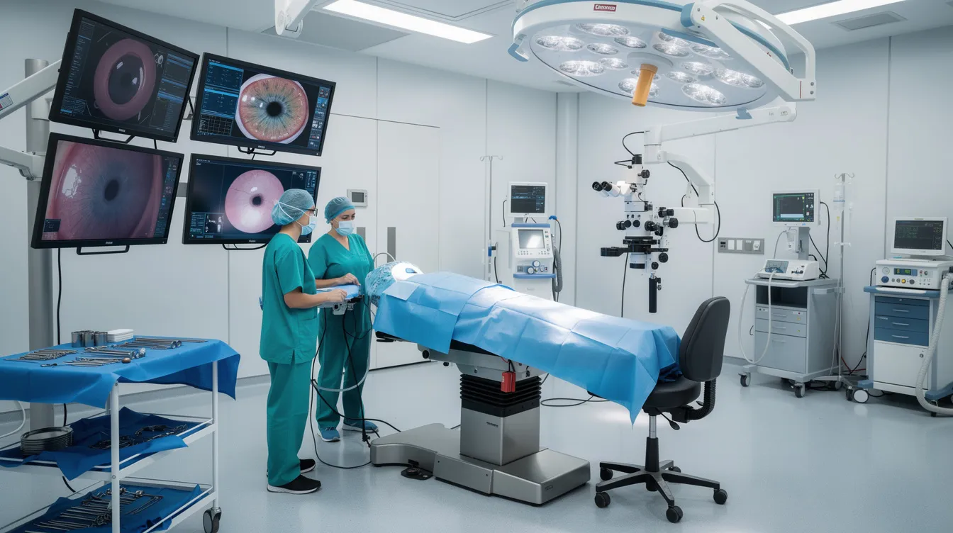 The image depicts a modern eye hospital operating theatre equipped with a surgical microscope and various monitors, showcasing an advanced environment for performing eye surgeries. The setup includes essential instruments for treating conditions such as cataracts and diabetic retinopathy, ensuring effective operations on the anterior and posterior segments of the eye.