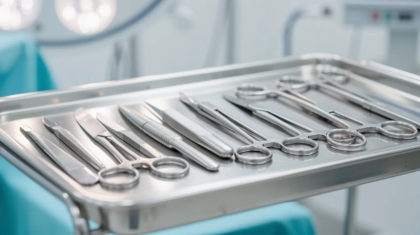 The image shows a set of sterile surgical instruments neatly arranged on a metal tray, set in a clean medical environment, ready for procedures such as surgical removal of keloids or other skin injuries. The instruments suggest preparation for treatments related to excessive scar tissue formation or ear reconstruction.
