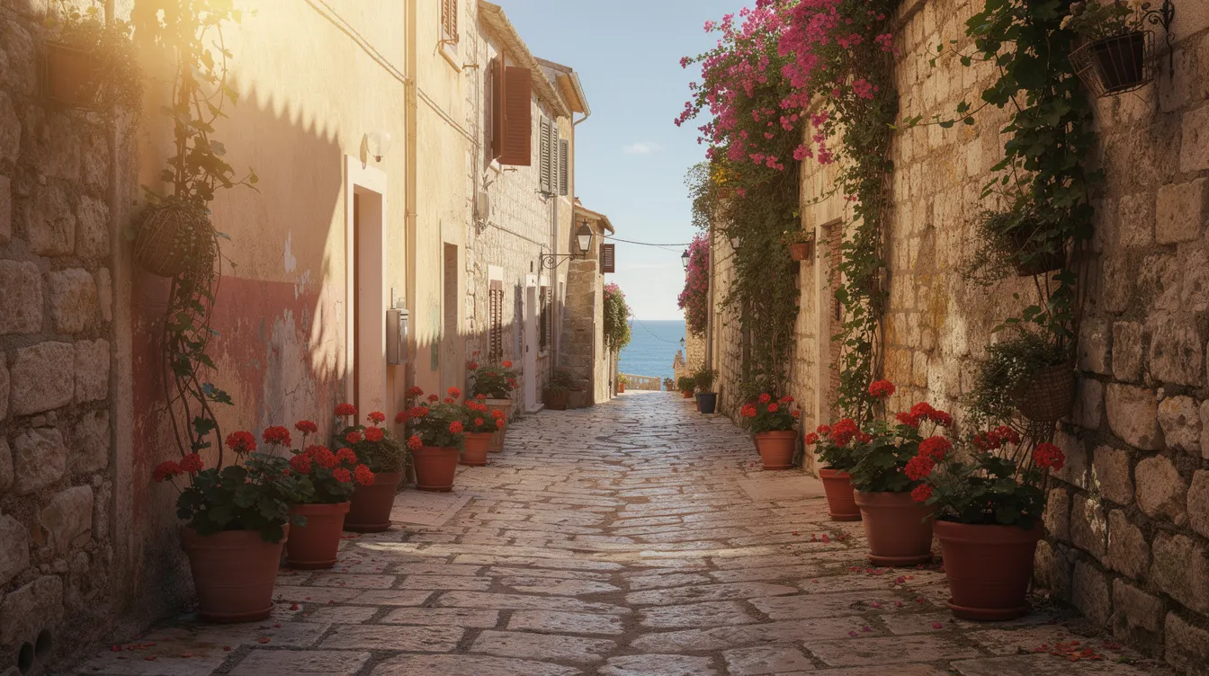 Um estreito beco de pedra em uma antiga cidade mediterrânea, adornado com vasos de flores coloridas, é banhado pela luz quente do sol, criando sombras suaves. Este cenário encantador remete à rica história e cultura da Croácia, um país conhecido por suas paisagens deslumbrantes e patrimônio da UNESCO.