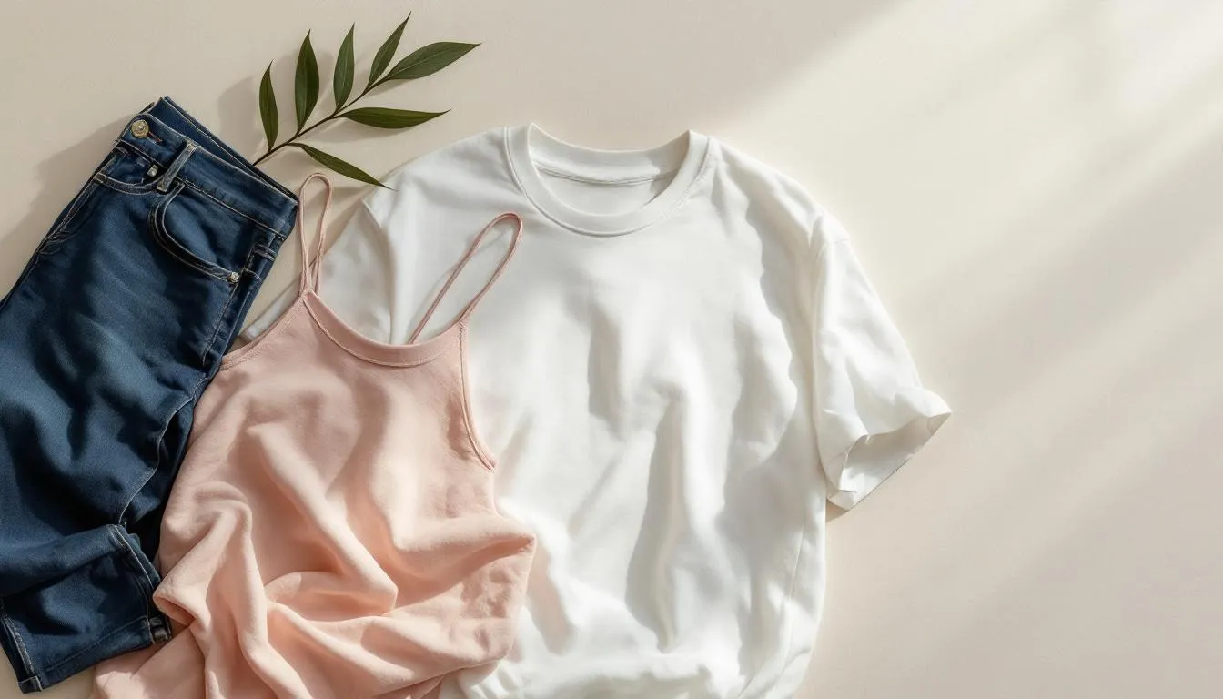 A variety of clothing types including t-shirts, jeans, and dresses displayed together.