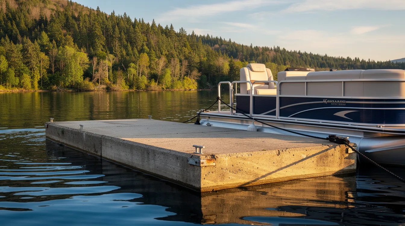 A concrete floating dock is anchored on a serene lake, with a pontoon boat tied alongside, surrounded by lush forested hills in the background. This image showcases one of the best floating dock options for lakes, offering safe access for boaters and swimmers alike.