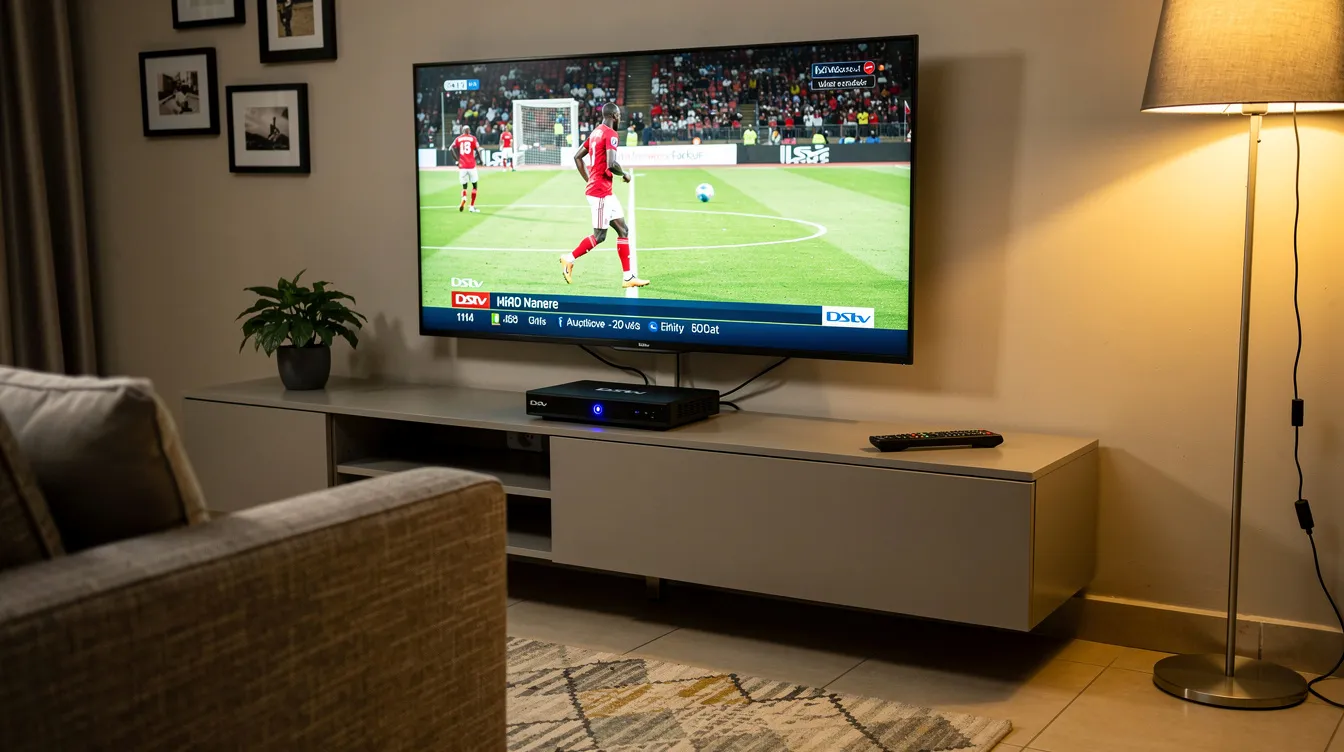 The image depicts a modern living room featuring a sleek DStv decoder setup, complete with a satellite dish mounted outside. The arrangement showcases professional cabling and a well-organized entertainment area, highlighting the importance of quality DStv installation services for optimal viewing experience.