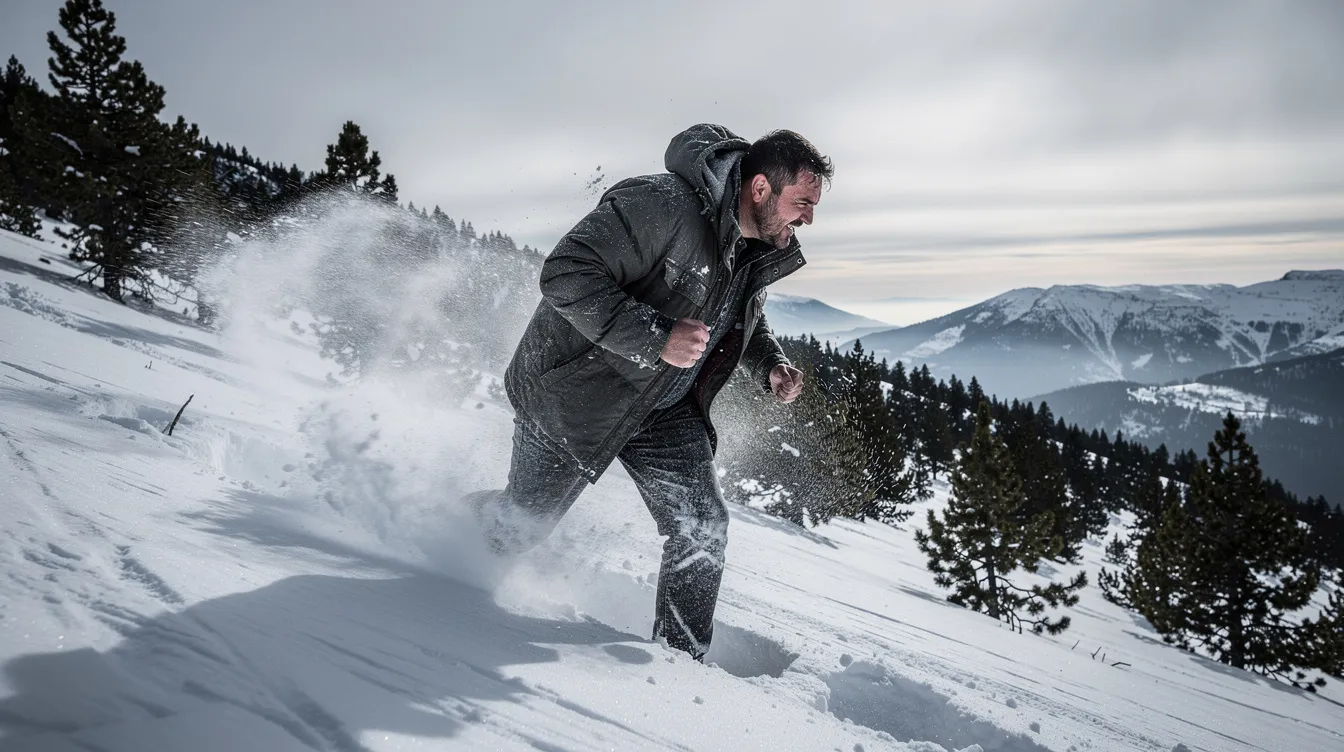 Ein Mann in einer dicken Jacke kämpft gegen den Wind auf einem verschneiten Berghang, umgeben von einer kargen Winterlandschaft mit Nadelbäumen. Das harte natürliche Licht verstärkt die dramatische Atmosphäre, die an die Kämpfe in "Rocky IV" erinnert.