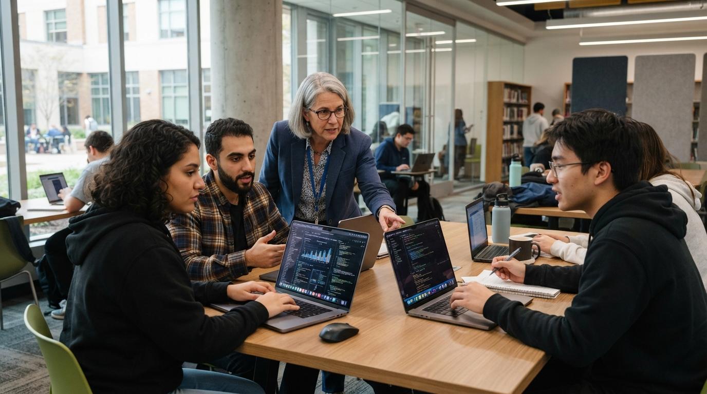Photorealistic university professor mentoring students working on laptops in a collaborative learning space, AI-assisted education concept, focused expressions.