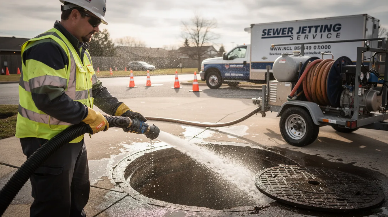 A professional plumber is using hydro jetting equipment to clear a clogged sewer line, effectively removing stubborn blockages caused by tree roots and grease buildup. The specialized tools ensure that the plumbing system flows smoothly, preventing potential sewage backups and plumbing emergencies.