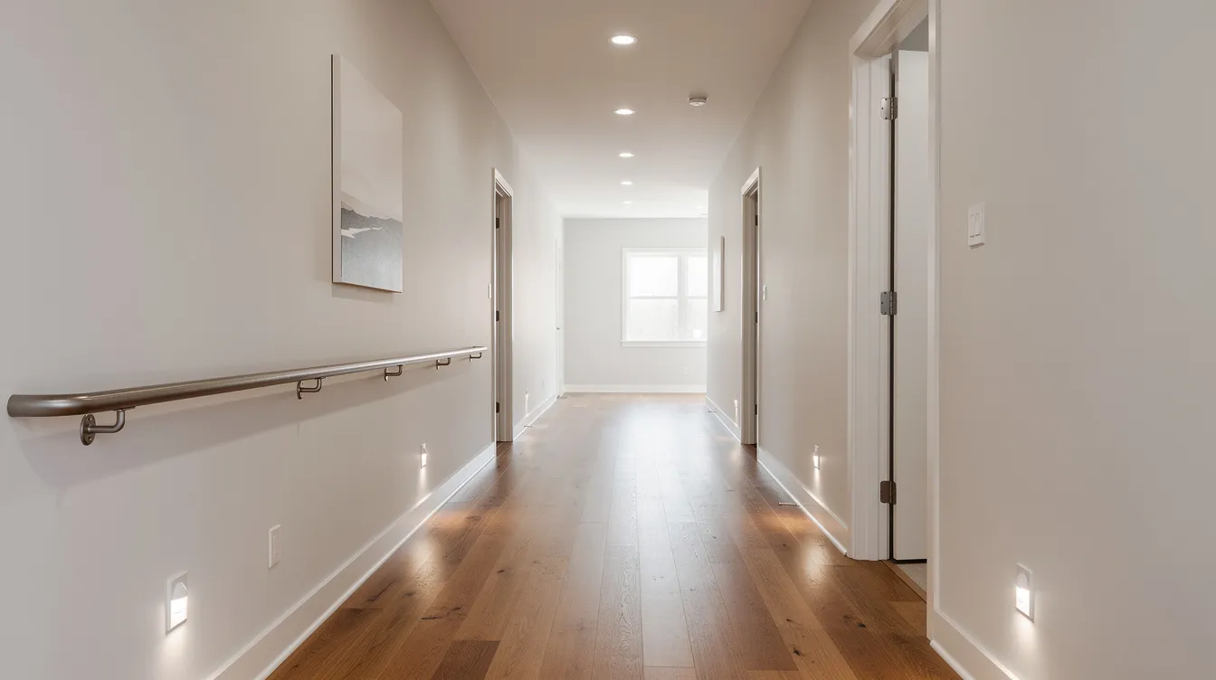 The image depicts a clear and safe hallway pathway within a residential home, free from clutter and obstacles, promoting a healthy home environment. This organized space can significantly aid families dealing with hoarding issues by reducing fire hazards and creating a sense of calm, which is essential for mental health and recovery.