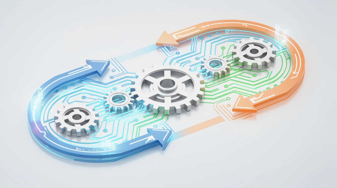 The image depicts a complex arrangement of interconnected gears, circuits, and flowing arrows, symbolizing a multi-agent system workflow. This visual representation illustrates how autonomous AI agents collaborate and communicate, integrating various tools and processes to enhance overall system performance.