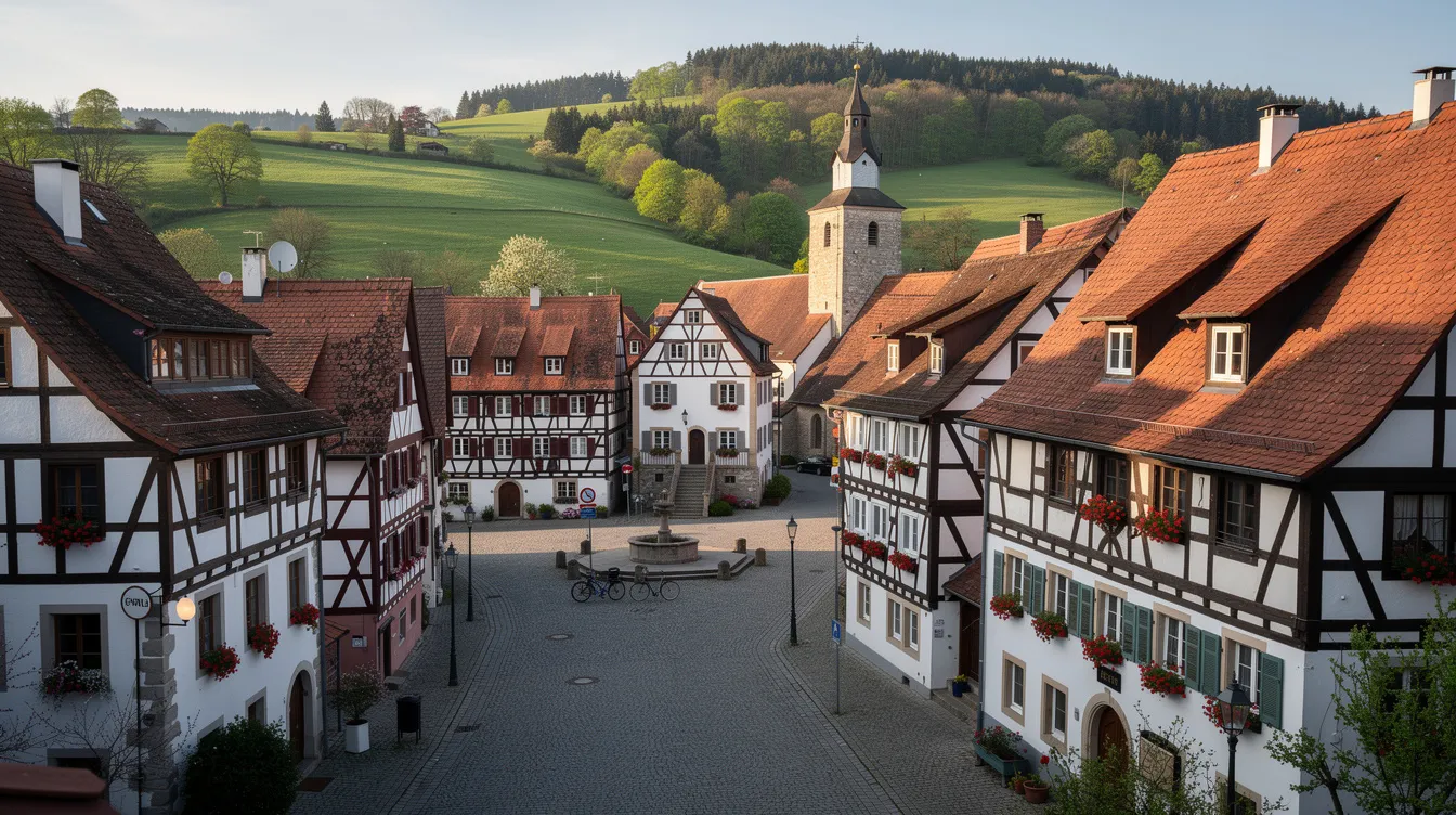 Das Bild zeigt eine malerische schwäbische Kleinstadt mit traditionellen Fachwerkhäusern, umgeben von sanften, grünen Hügeln. Die Szenerie vermittelt den Eindruck eines idyllischen Eigenheims, ideal für potenzielle Immobilienkäufer, die beim Kauf einer Immobilie die Kaufnebenkosten und weitere Ausgaben berücksichtigen sollten.