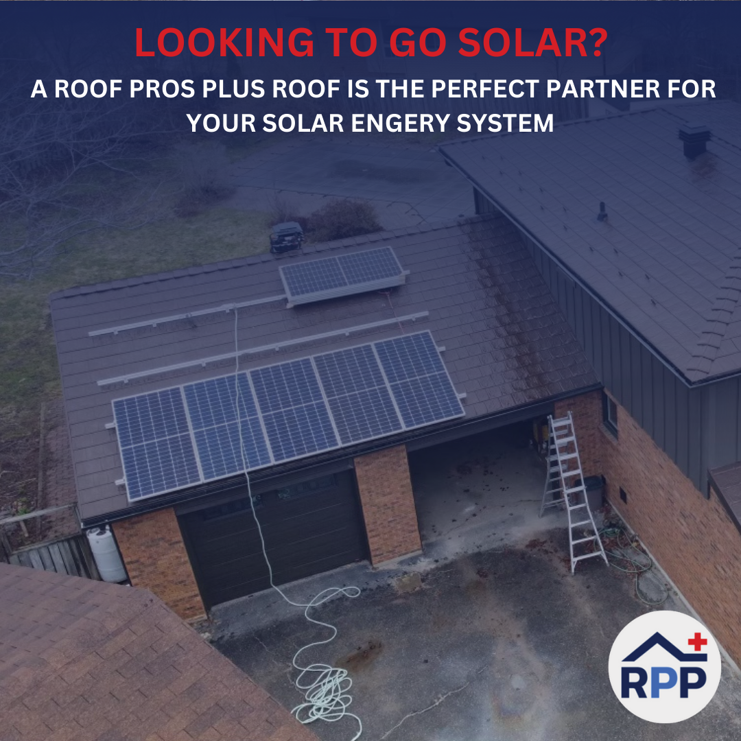 Rooftop solar panels on a brick house with metal roofing, with a ladder and coiled cord on the ground. The text above the image reads, "Looking to go solar? A Roof Pros Plus roof is the perfect partner for your solar energy system" with the "RRP" logo in the bottom right corner.