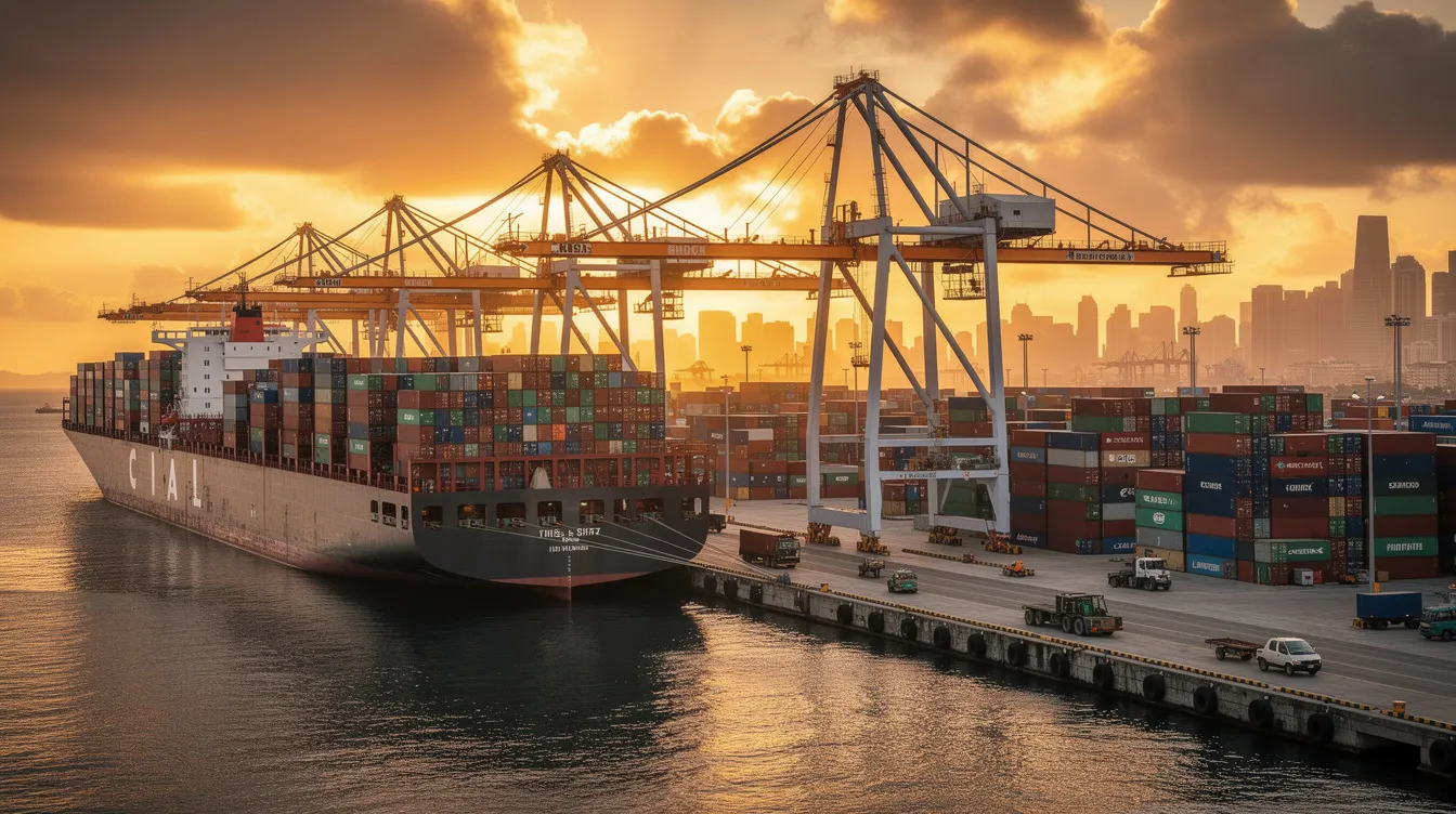 The image shows several large container ships docked at a bustling international shipping port during sunset, with vibrant orange and purple hues reflecting off the water. This scene highlights the critical infrastructure of global trade, which is essential for economic competitiveness and national security, particularly as the federal government focuses on integrating advanced technologies like artificial intelligence into various sectors.