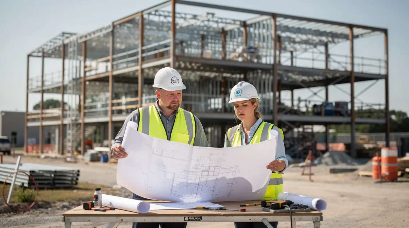 A group of construction workers is gathered at a commercial building job site, intently reviewing blueprints while steel framing structures rise in the background, highlighting the complexities of midwest construction projects. This scene emphasizes the importance of effective project delivery and management in meeting future demands for quality facilities.