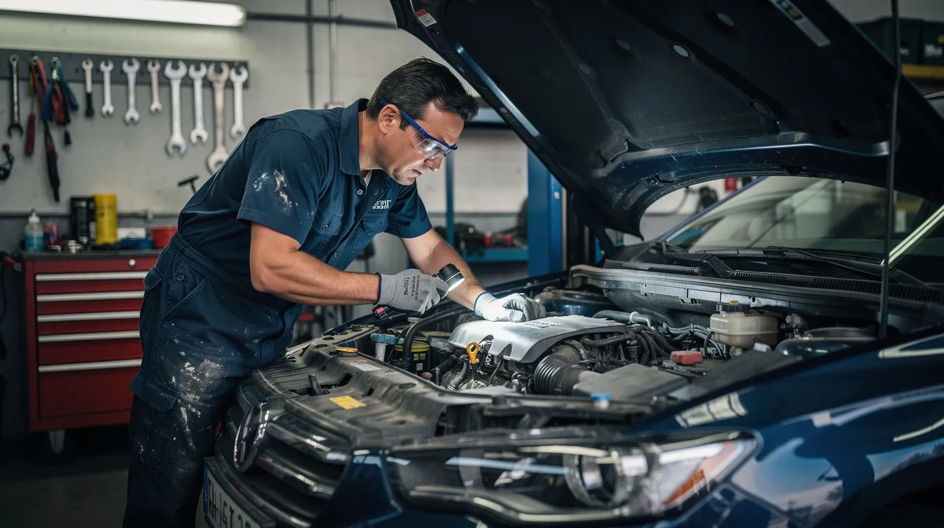 Un mécanicien inspecte attentivement le moteur d'une voiture dans un atelier, vérifiant son état pour assurer la sécurité et la performance des véhicules. Cette opération fait partie intégrante de la gestion de la flotte pour les services de location de voitures.