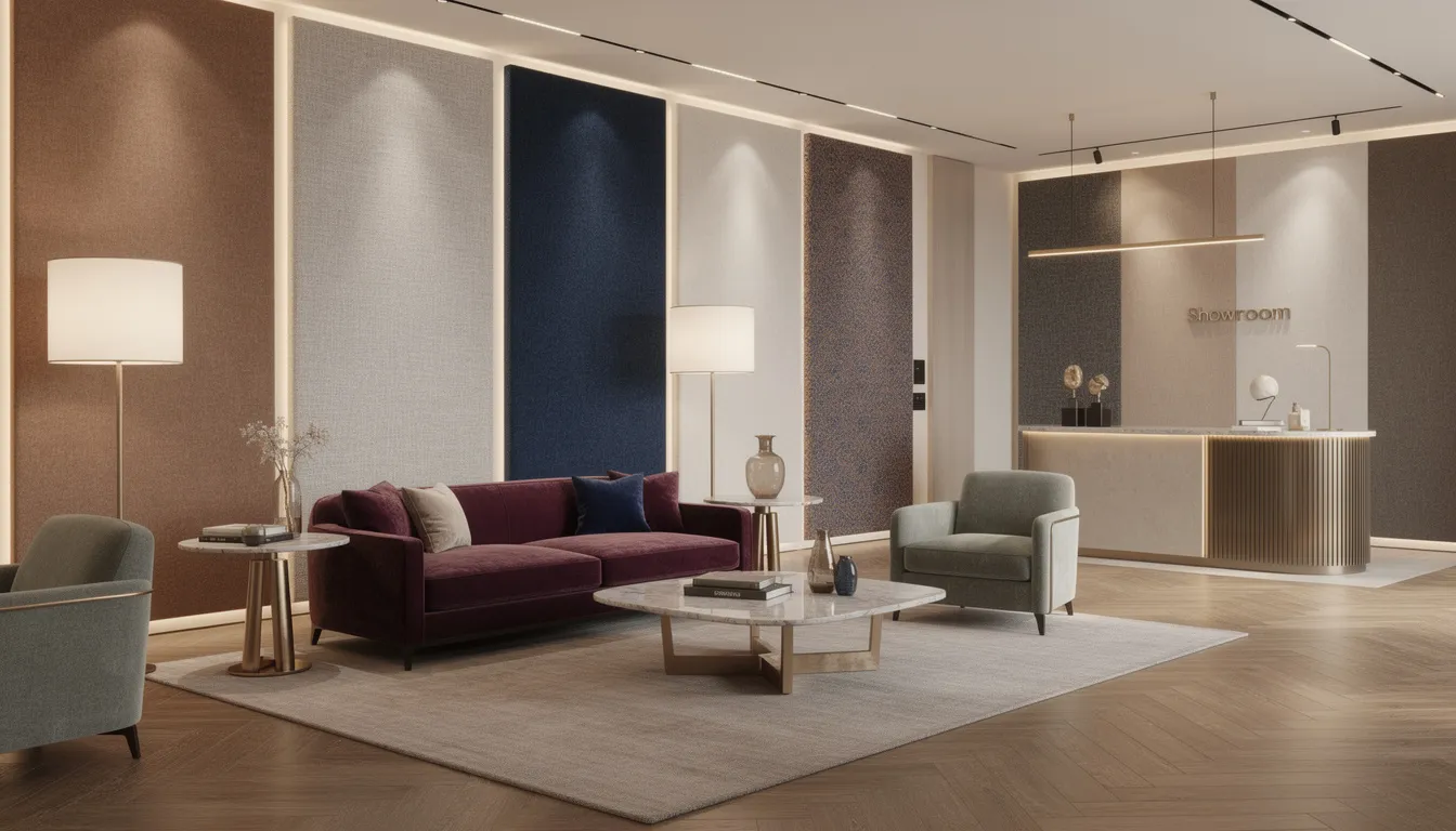 Een showroom die verschillende stoffen wandpanelen toont, gecombineerd met luxe meubels en stijlvolle verlichting. De akoestische panelen hebben een elegante uitstraling en zijn perfect voor het creëren van een sfeervolle en moderne woonkamer.