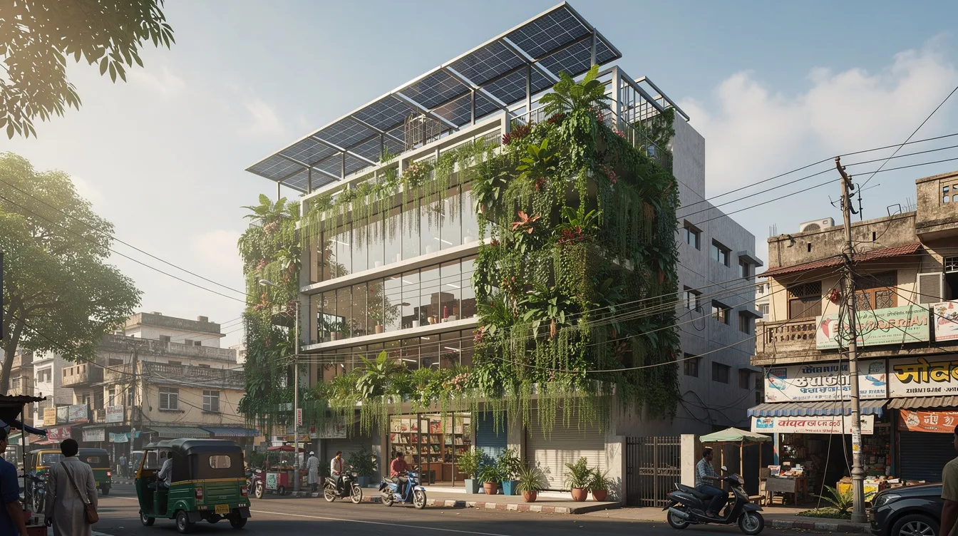 765dc980 ccf1 41d9 b1ad 3d6e0b6f15f8 The image depicts a modern green building featuring solar panels and a lush vertical garden, set against the backdrop of an Indian city. This innovative design highlights the growing trend in the real estate industry towards sustainable architecture and energy efficiency, appealing to property developers and investors interested in the profitable real estate market.