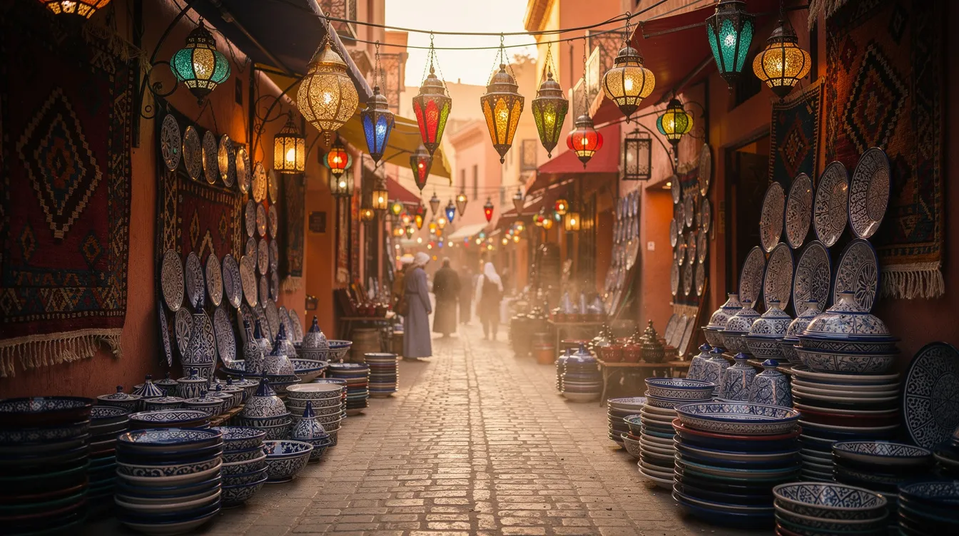 The image depicts a vibrant Moroccan souq filled with colorful lanterns, intricate ceramics, and beautifully woven rugs, showcasing the rich local culture and craftsmanship. This bustling marketplace is an essential part of the authentic Morocco experience, inviting visitors to explore its unique offerings and immerse themselves in daily life.