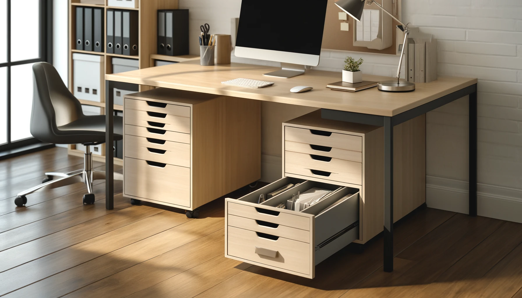 Office with under-desk storage solutions