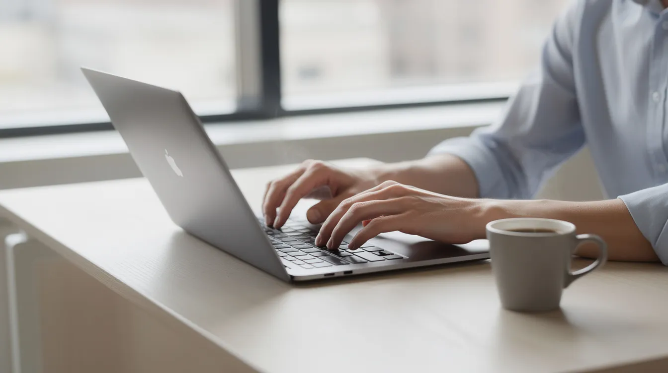 The image features a person focused on typing on a laptop at a sleek, modern desk, with a coffee cup positioned nearby, suggesting a productive work environment ideal for crafting effective cold email templates. The scene conveys a sense of professionalism, perfect for busy executives engaged in cold outreach and lead generation efforts.