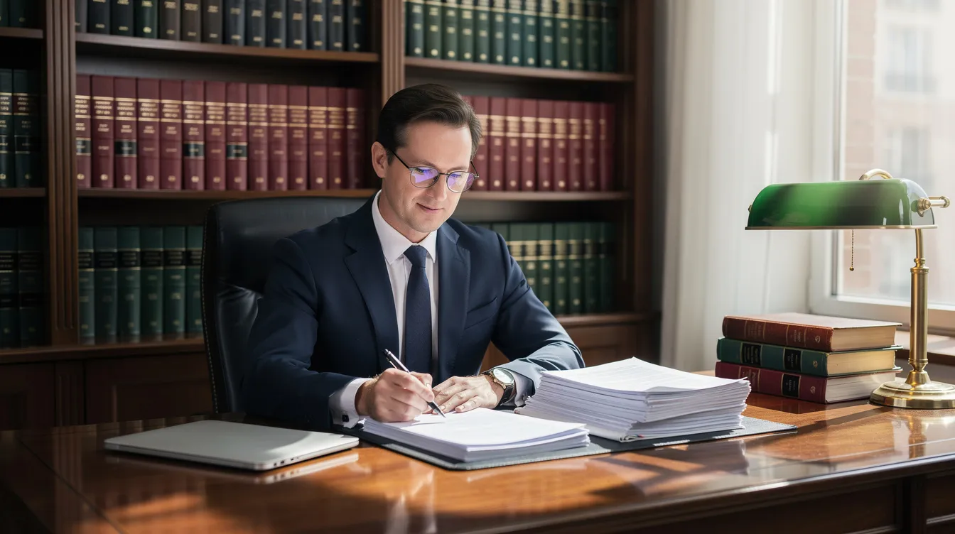 A professional attorney is seated at a desk, intently reviewing legal documents related to workers compensation claims, with shelves of law books visible in the background. This scene reflects the diligent work of a knowledgeable workers compensation lawyer dedicated to helping injured workers navigate the legal process for financial recovery and benefits.