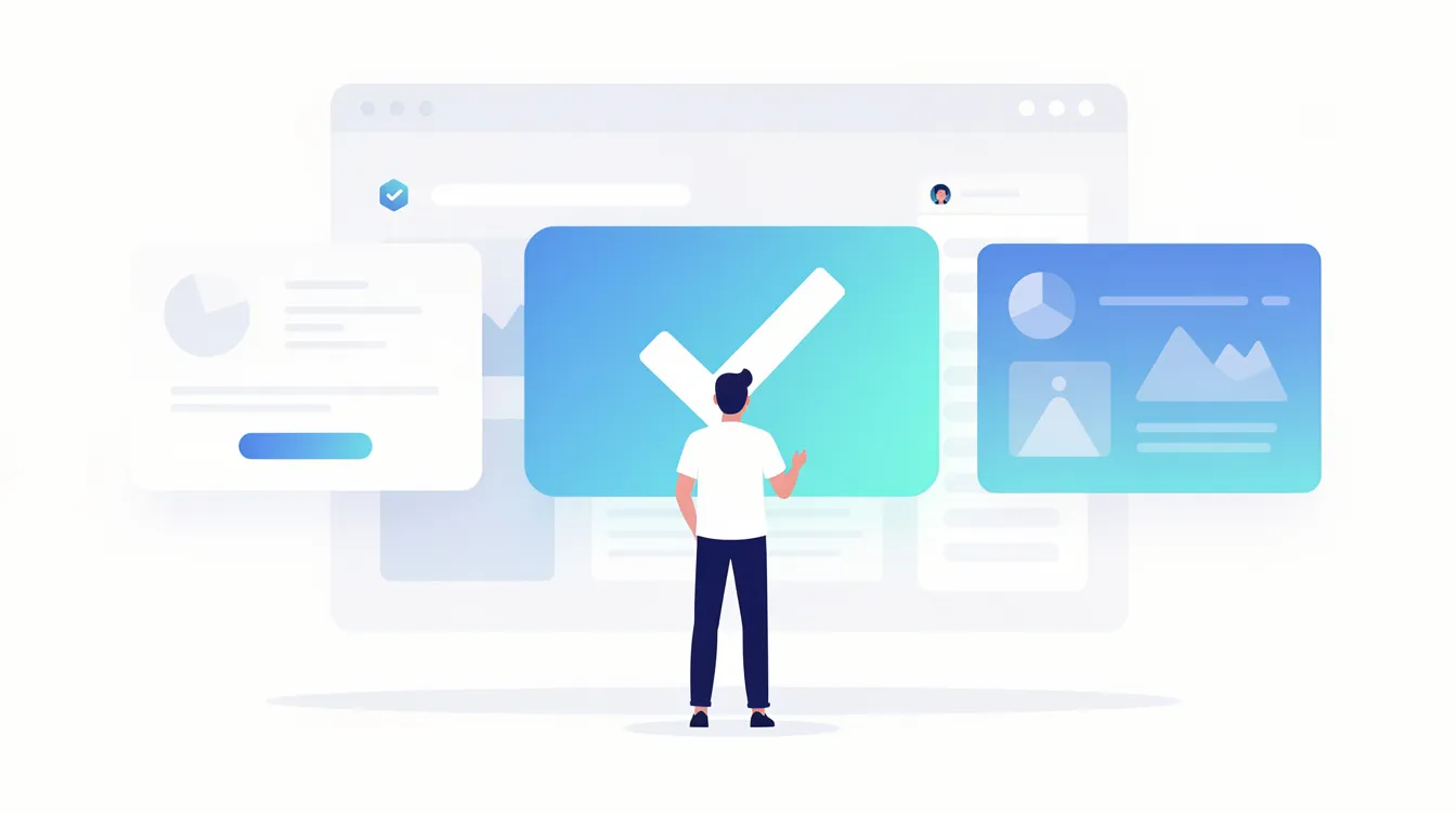 An illustration depicts a confident creator in a clean, modern setting, selecting a platform tool with a large checkmark symbol, symbolizing a good concept for their project. The scene captures the essence of human nature and the digital age, emphasizing the importance of choice and creativity in today’s society.