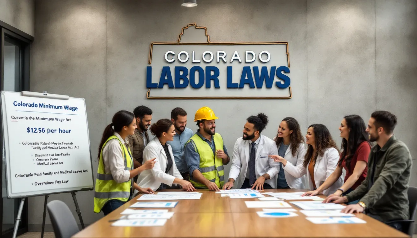The image depicts a visual representation of Colorado workers compensation law, illustrating various aspects such as the claims process for injured workers, the types of benefits available including medical treatment and lost wages, and the role of experienced workers compensation attorneys in navigating these laws. It highlights key terms like "workers compensation benefits," "workplace injuries," and "medical expenses," emphasizing the support available for those injured on the job.