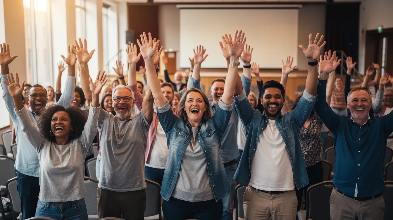 Een groep mensen steekt hun handen omhoog tijdens een samenkomst, wat een gevoel van saamhorigheid en geloof uitstraalt binnen de christelijke gemeenschap. De bijeenkomst kan worden geassocieerd met de organisatie Frontrunners Ministries, waar persoonlijke groei en onderwijs centraal staan.