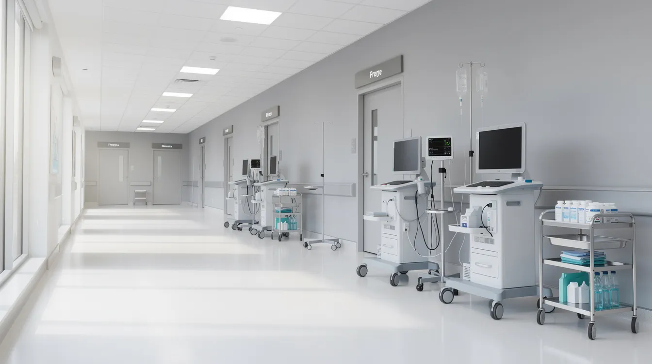 The image depicts a bright hospital corridor flooded with natural light, featuring modern medical equipment along the walls. The clean and spacious environment suggests a welcoming atmosphere for patients and visitors.